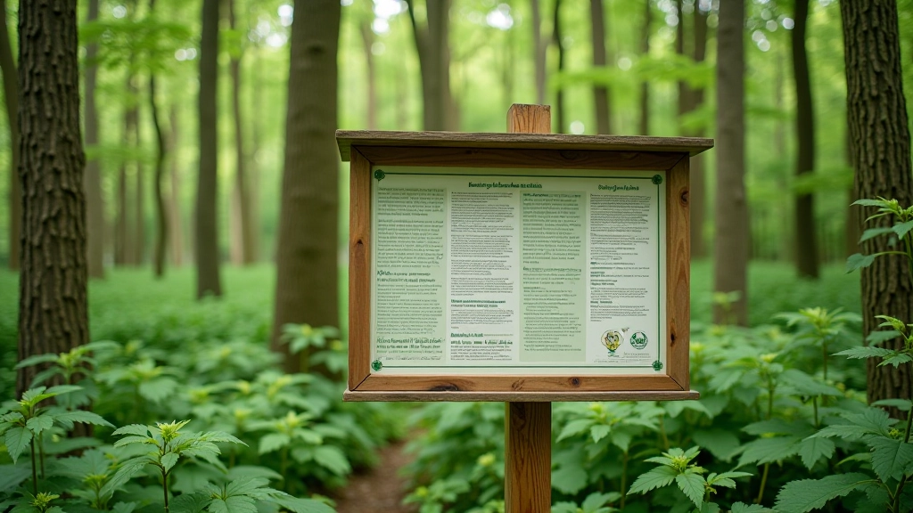 Žalias informacinis stendas miške su natūralistikos faktais apie augalinę ir gyvūninę biologiją